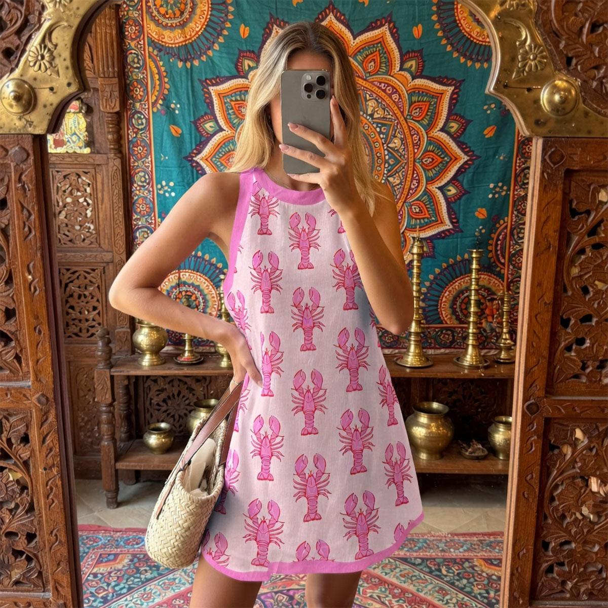 Summer Lobster Print Mini Dress 