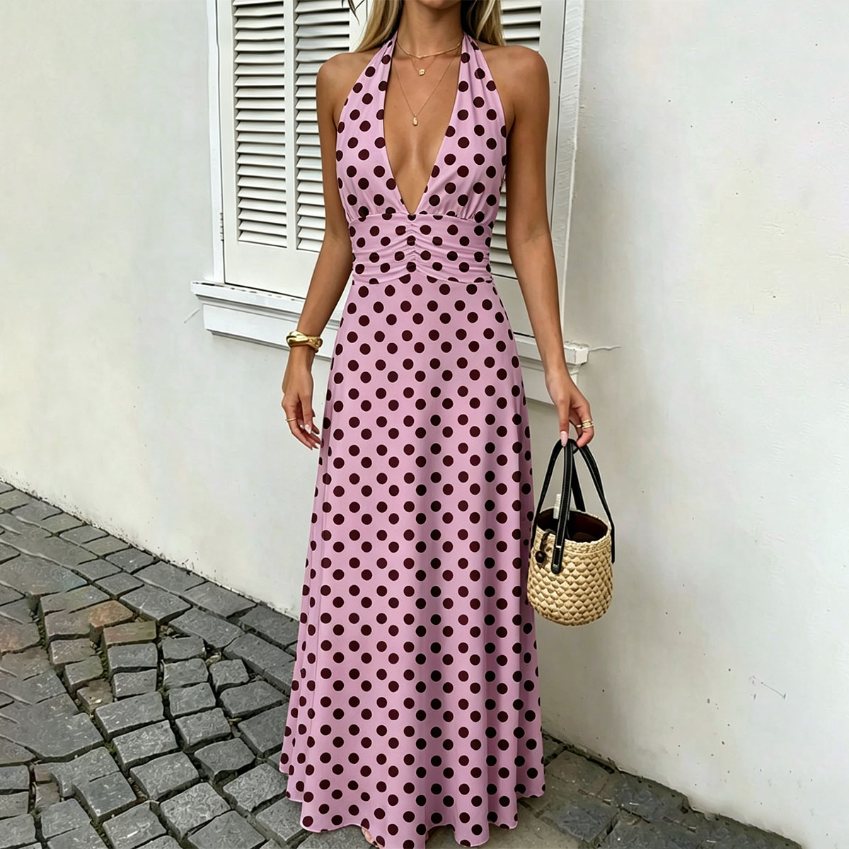 French Style Backless Polka-Dot Maxi Dress