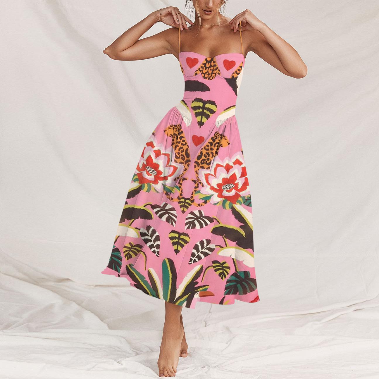 Symmetrical Flower-Print Strap Strapless Dress