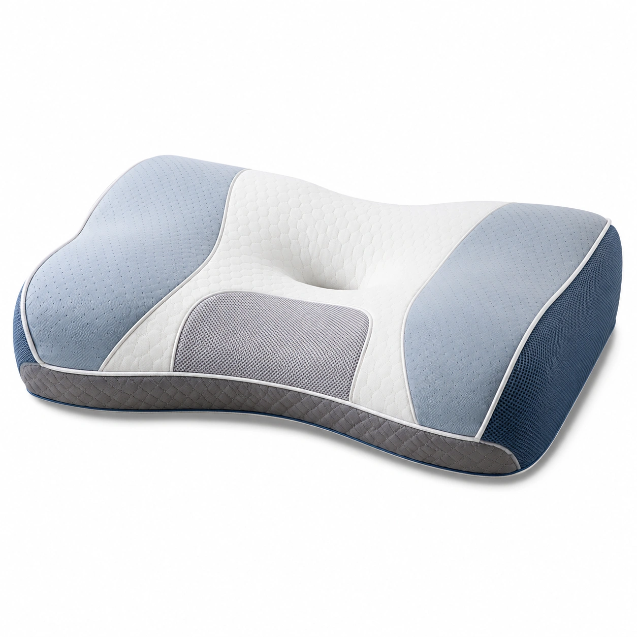 Almohada ortopédica ergonómica de soporte cervical azul, gris y blanco-BEL DRA NOX