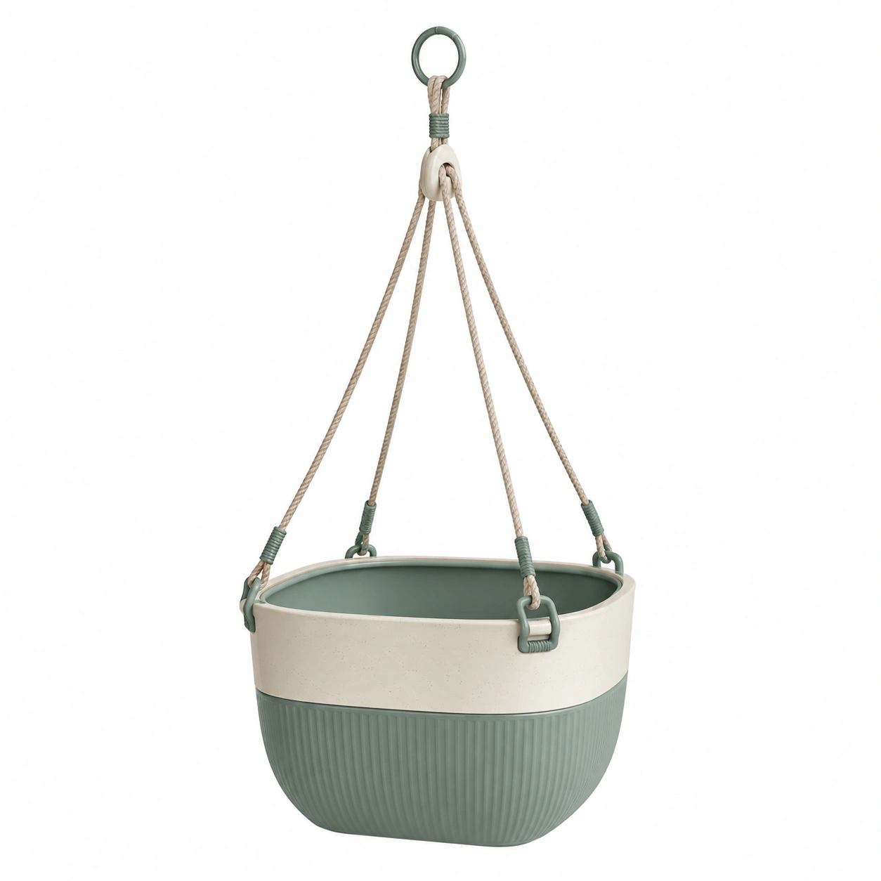 Maceta Colgante Verde y Crema con Cuerda Decorativa-JARNOVIEL