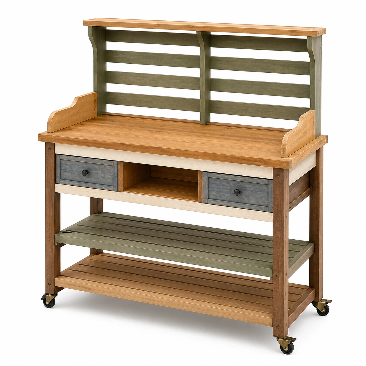 Mesa de Jardinería con Estantes y Ruedas de Madera Color Natural-JARNOVIEL