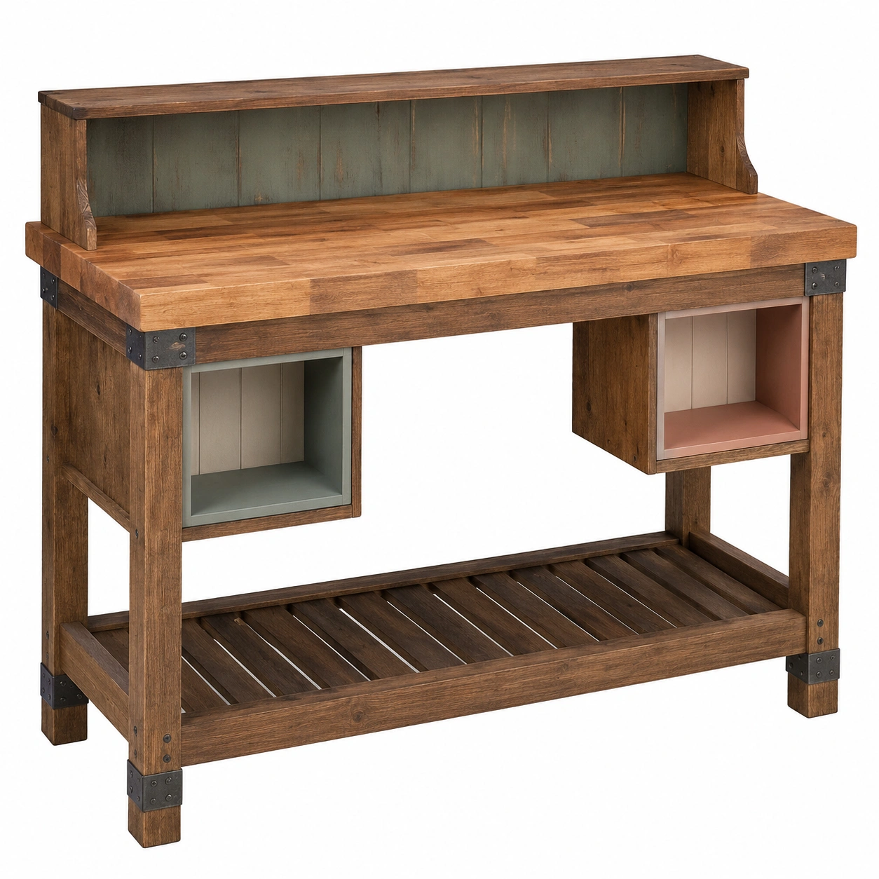 Mesa de Trabajo de Jardín con Estantes en Madera Marrón/Verde/Rosa-JARNOVIEL
