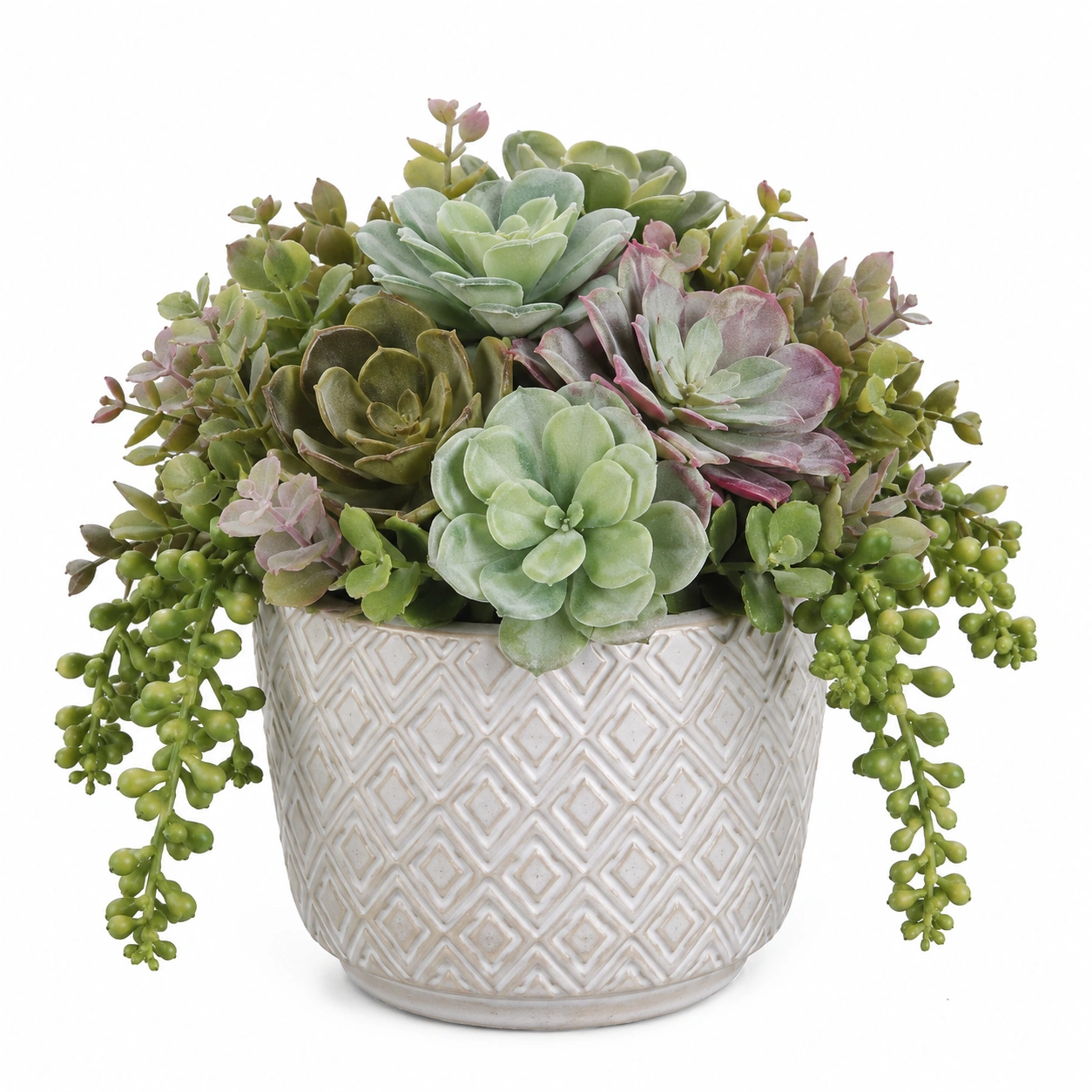 Arreglo Artificial de Suculentas en Maceta Decorativa Verde y Violeta-JARNOVIEL