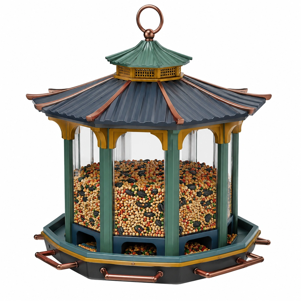 Comedero para Pájaro con Diseño de Pagoda, Verde y Marrón-JARNOVIEL