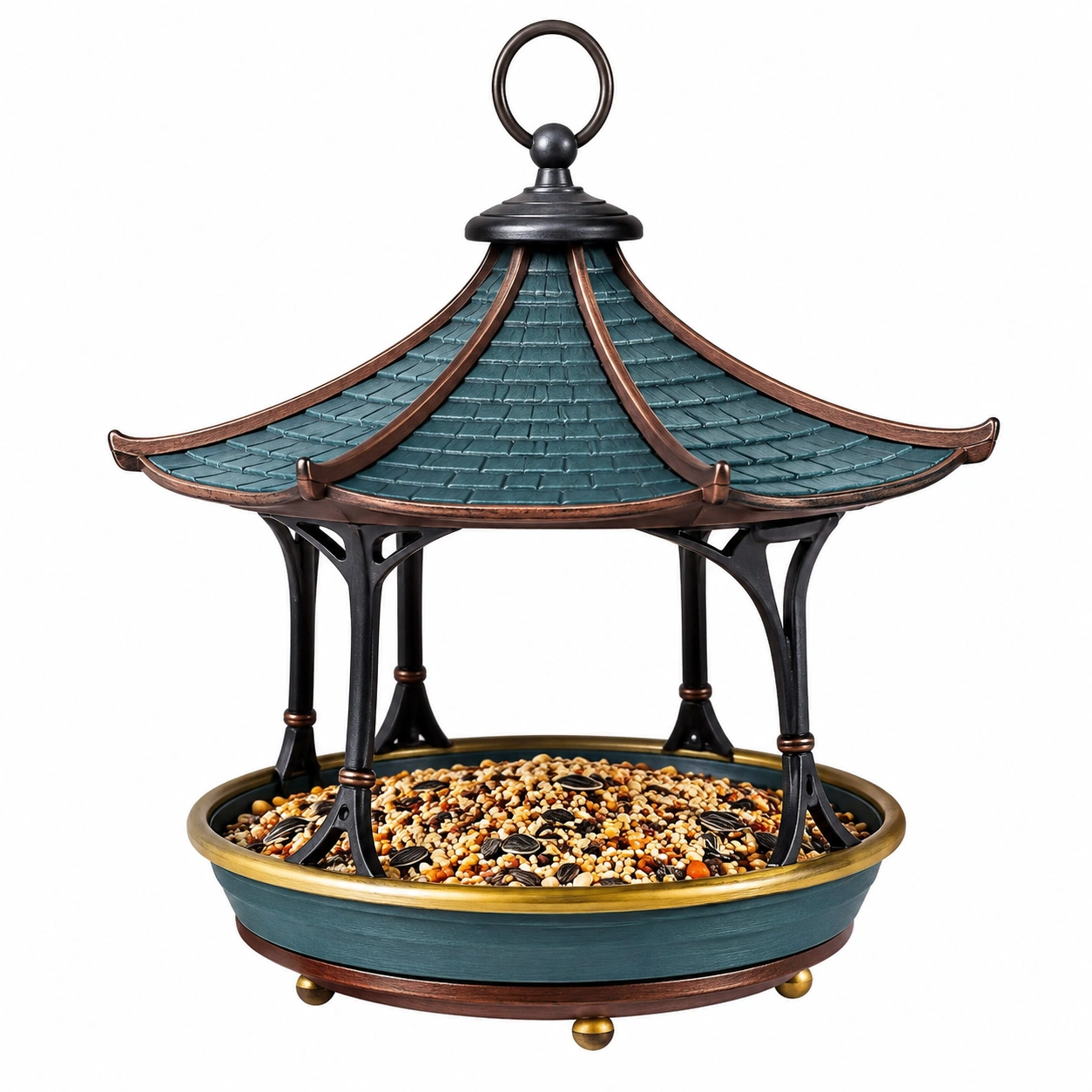Comedero de Aves Estilo Pagoda Azul y Bronce-JARNOVIEL