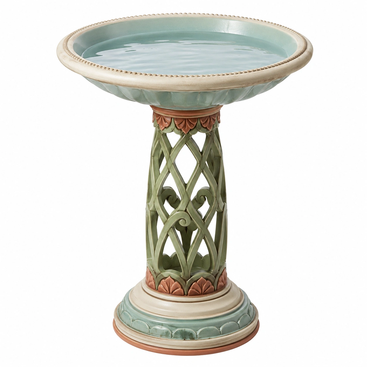 Baño para Pájaros Verde/Beige con Diseños Ornamentales-JARNOVIEL