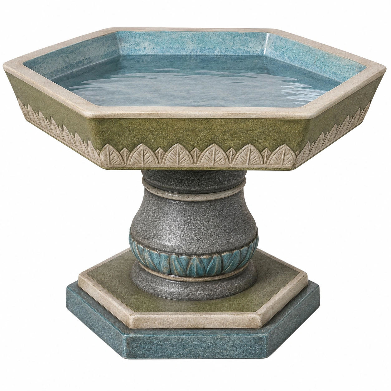 Baño de Pájaros Hexagonal Decorativo para Jardín en Verde, Azul y Gris-JARNOVIEL