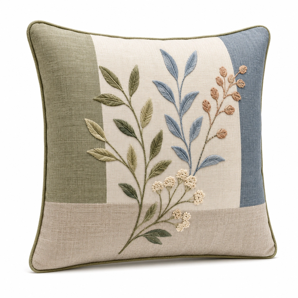Cojín Decorativo Bordado Floral Verde Azul Beige 45x45cm-MEUB VEXA