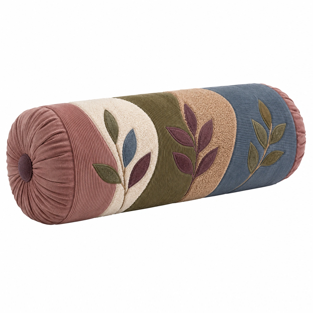 Cojín Cilíndrico Decorativo con Hojas Bordadas Multicolor 20x50cm-MEUB VEXA