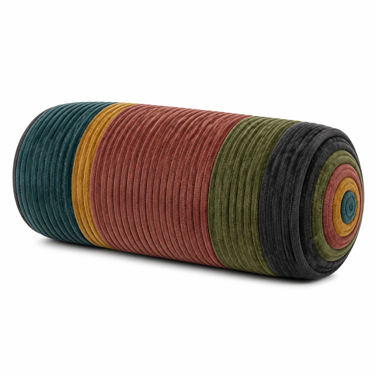 Cojín cilíndrico multicolor a rayas verde, amarillo, azul, negro y rosa-MEUB VEXA