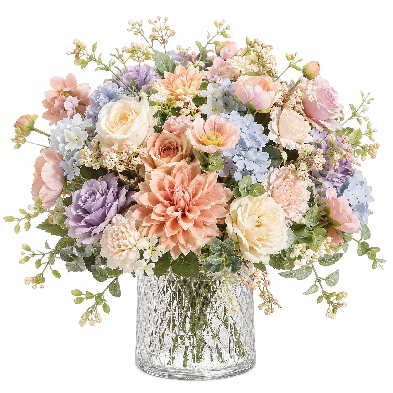 Ramo de Flores Artificiales Vintage Colores Pastel en Jarrón de Cristal-ULQERNIKA
