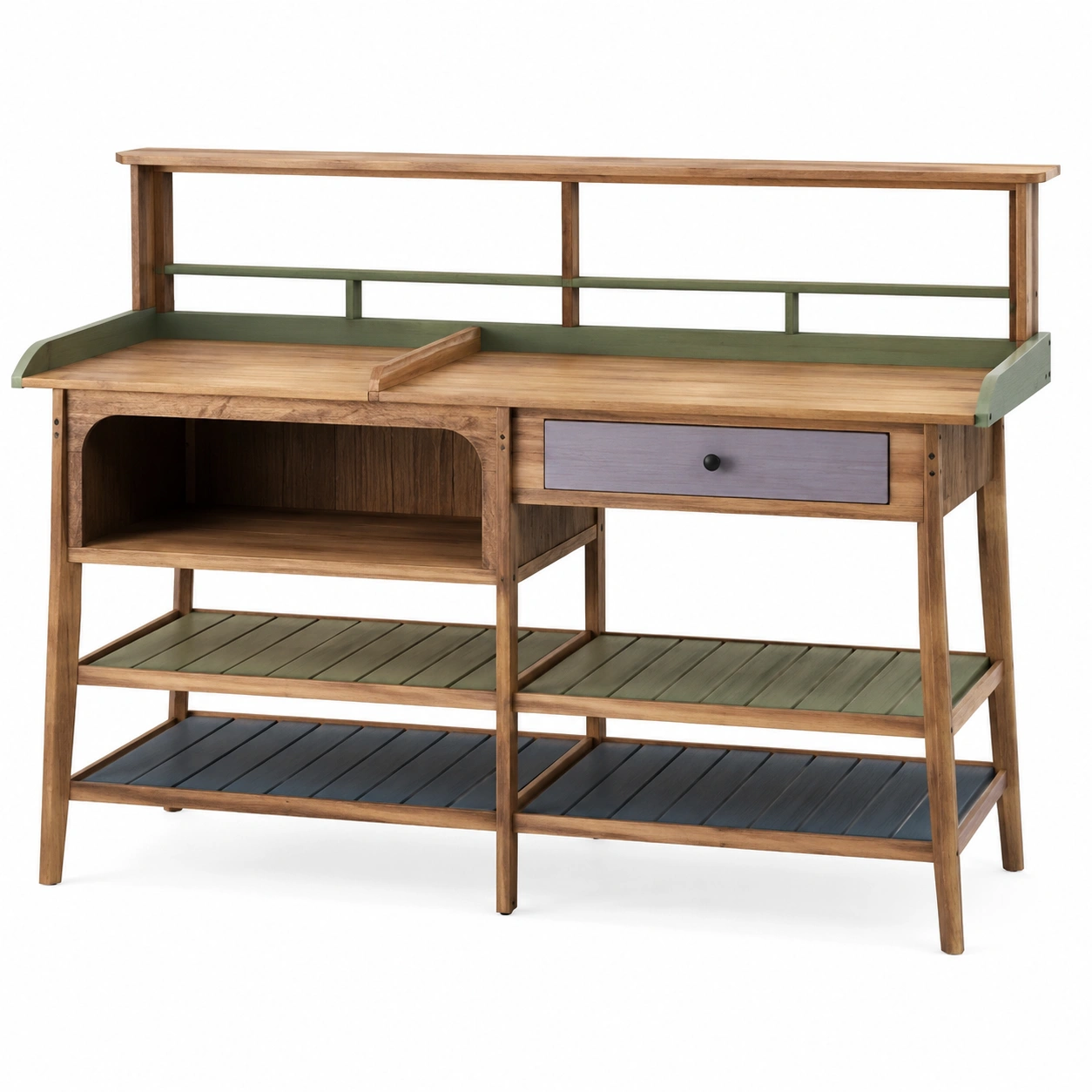 Mesa de Jardinería con Cajón y Estantes en Madera Natural, Verde y Azul-ULQERNIKA