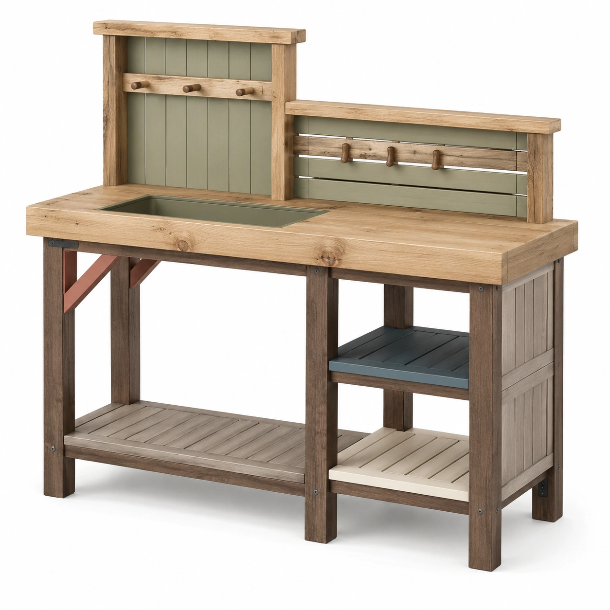 Mesa de Jardinería de Madera con Estantes, Ganchos y Lavabo-ULQERNIKA
