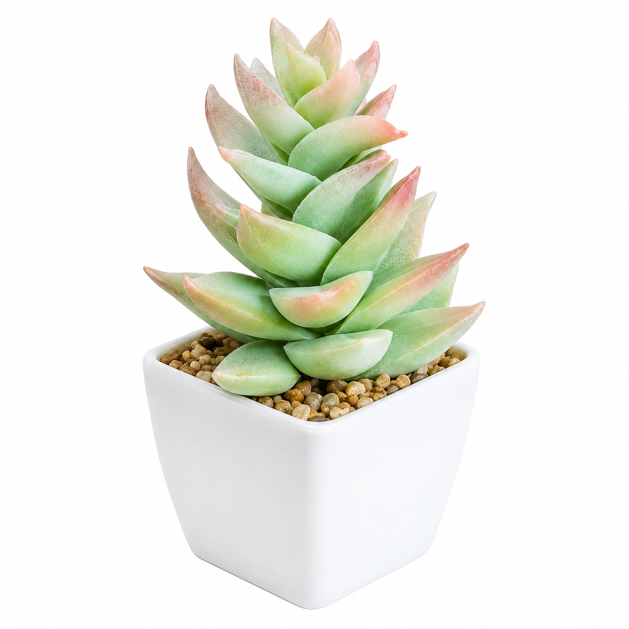 Suculenta Artificial Realista Verde y Rosa en Maceta Blanca-ULQERNIKA