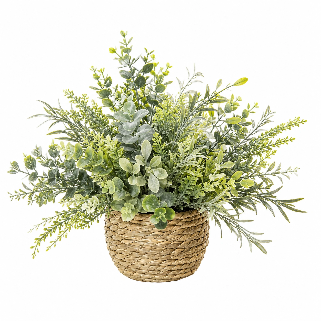 Arreglo de Verde Artificial en Maceta de Ratán 20cm-ULQERNIKA