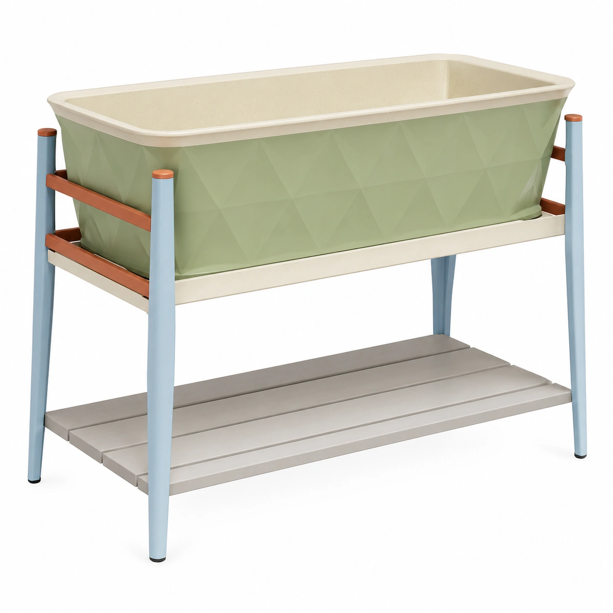 Jardinera elevada verde y beige con soporte azul-ULQERNIKA