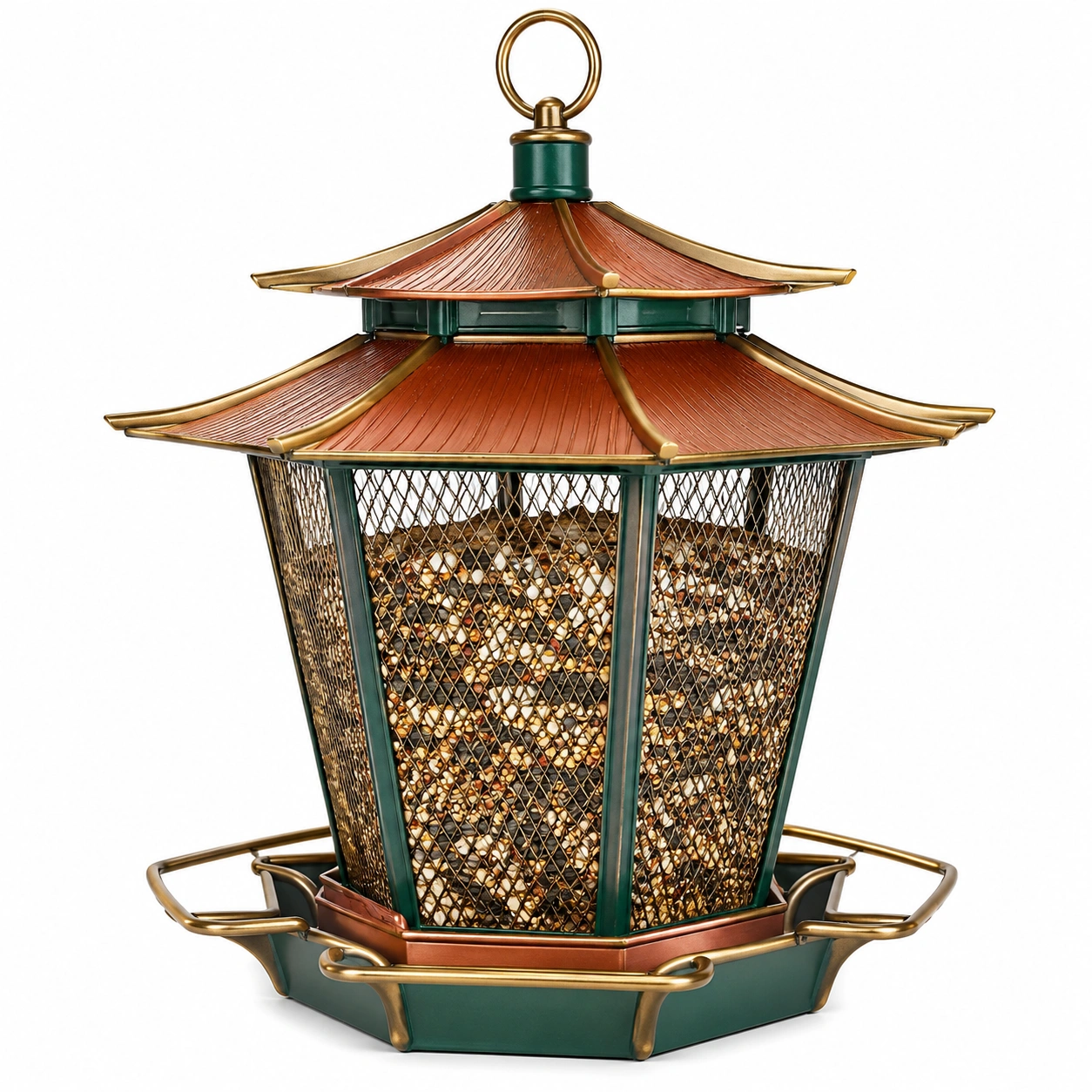 Comedero para Pájaros Tipo Pagoda Asiática Verde y Dorado-ULQERNIKA