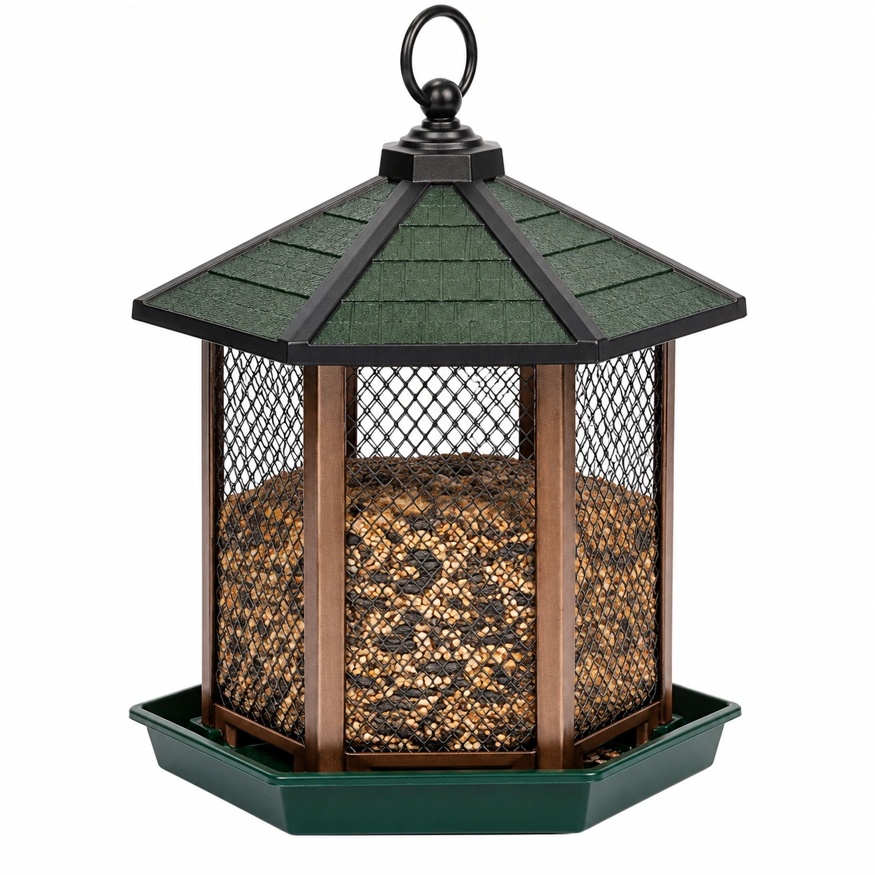 Comedero Hexagonal para Pájaros en Verde y Marrón para Exterior-ULQERNIKA