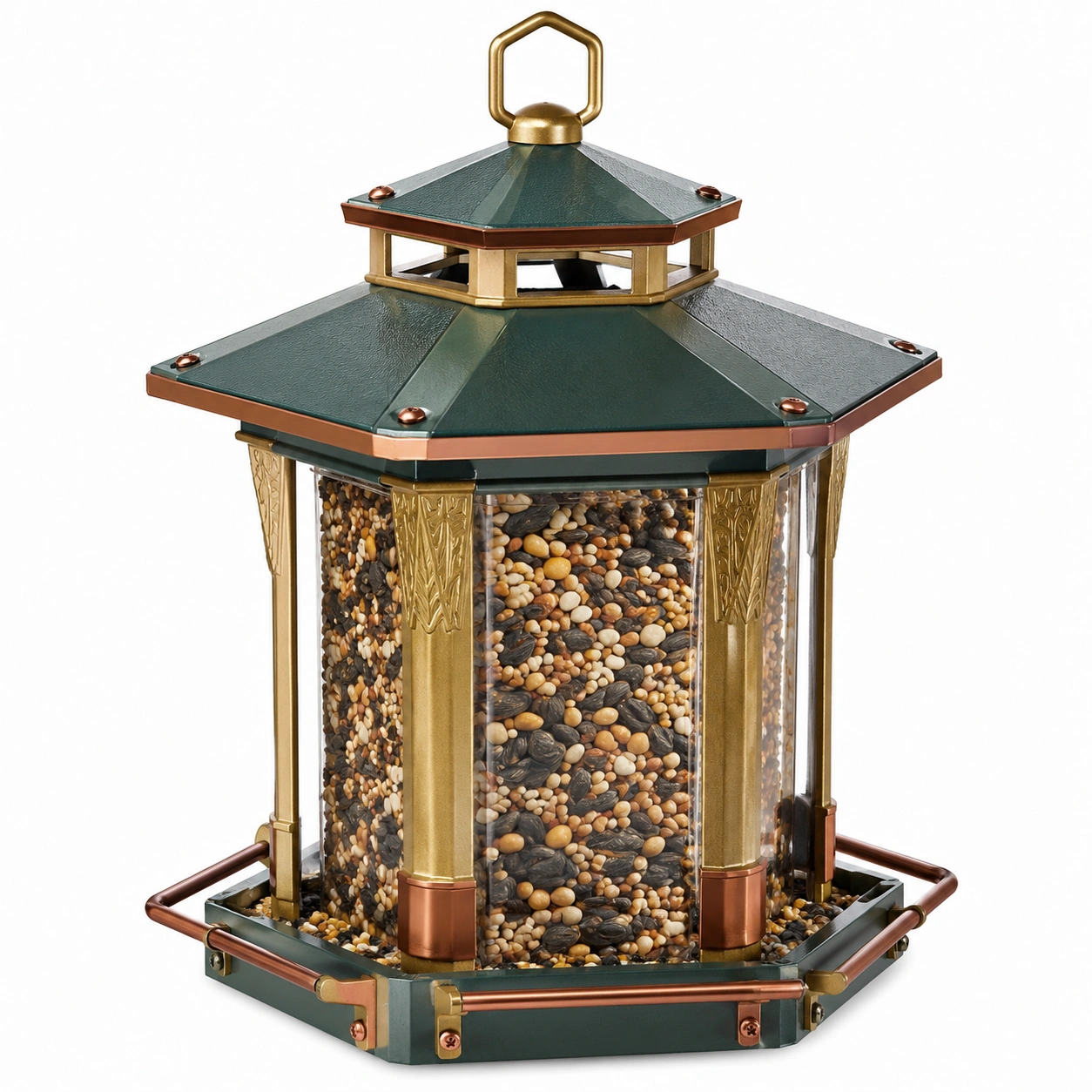 Comedero para Pájaros Hexagonal Colgante Verde y Dorado para Exterior-ULQERNIKA