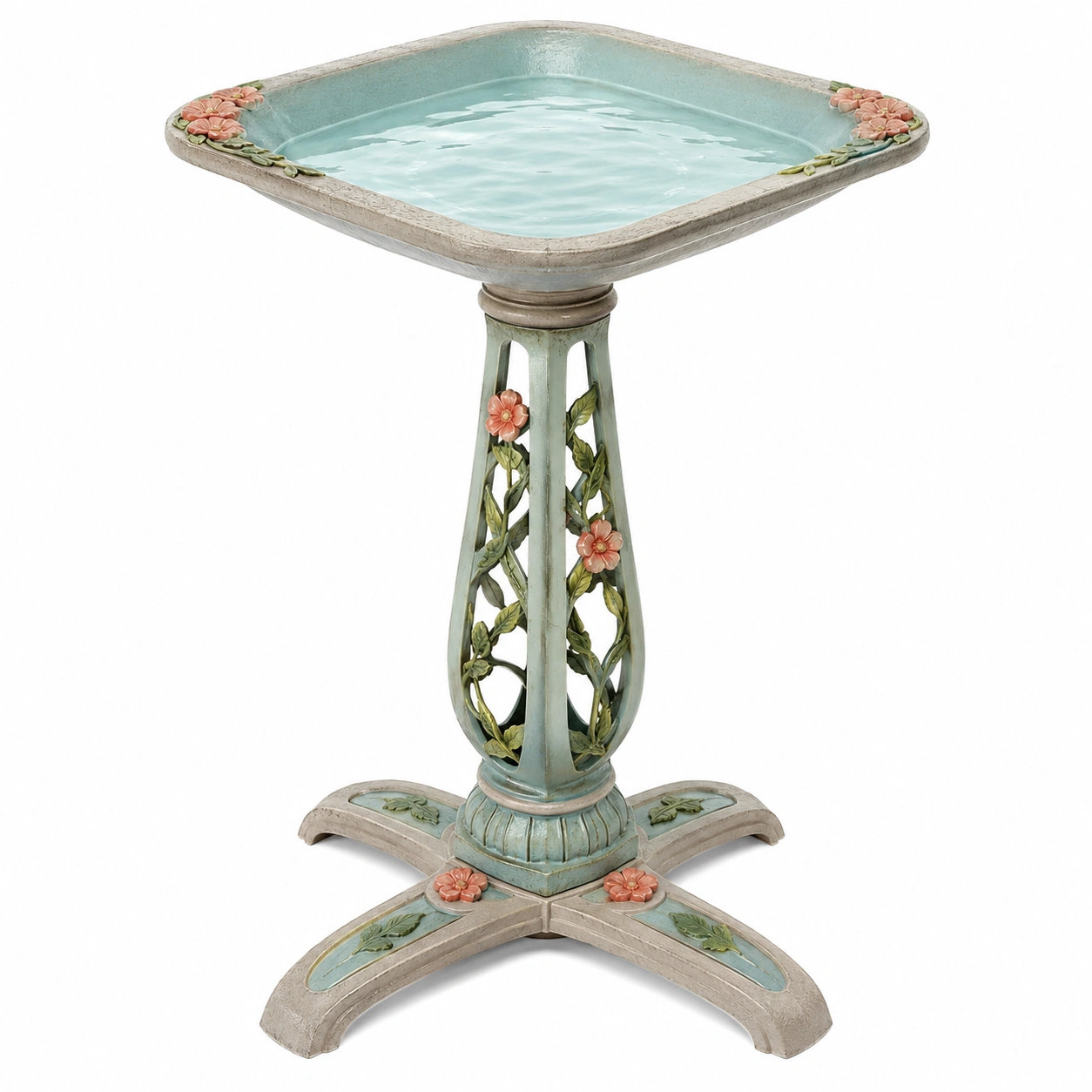 Baño de Pájaros Decorativo con Flores 34cm Verde y Beige-ULQERNIKA
