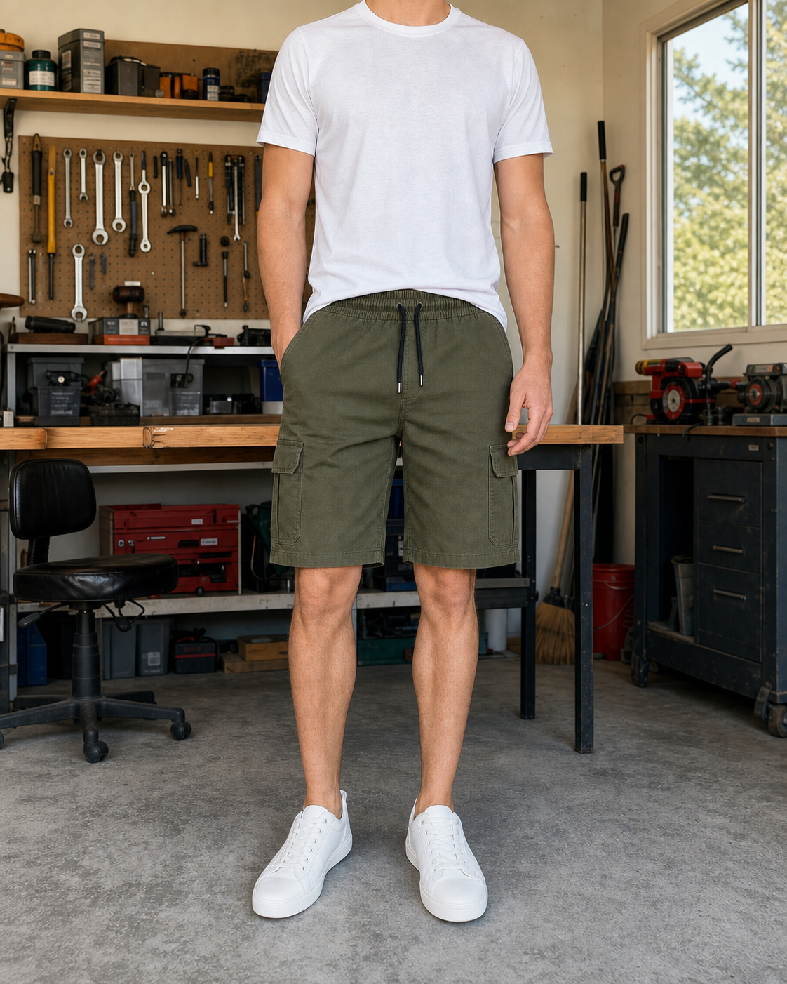 Front view of a midsize model wearing the Olive Green men's cargo drawstring shorts in a home garage