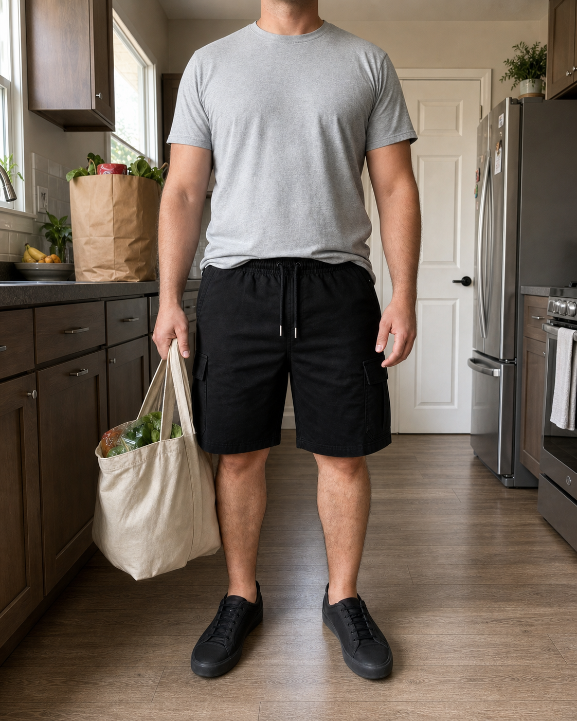 Front view of a stocky model wearing the Black men's cargo drawstring shorts in a lived-in kitchen