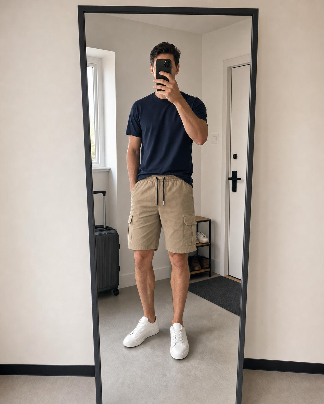 Phone mirror view of a tall model wearing the Khaki men's cargo drawstring shorts beside travel luggage