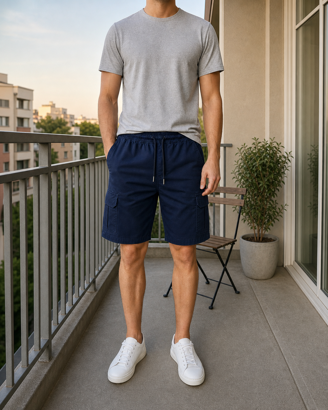Front view of an athletic model wearing the Navy Blue men's cargo drawstring shorts on an apartment balcony