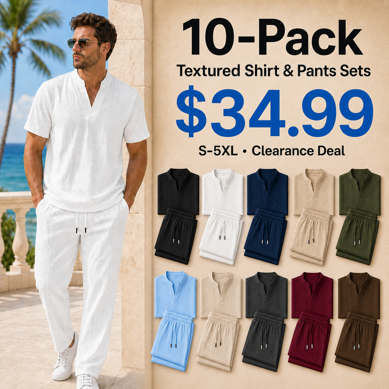 Men's Textured V-Neck Shirt & Pants Set