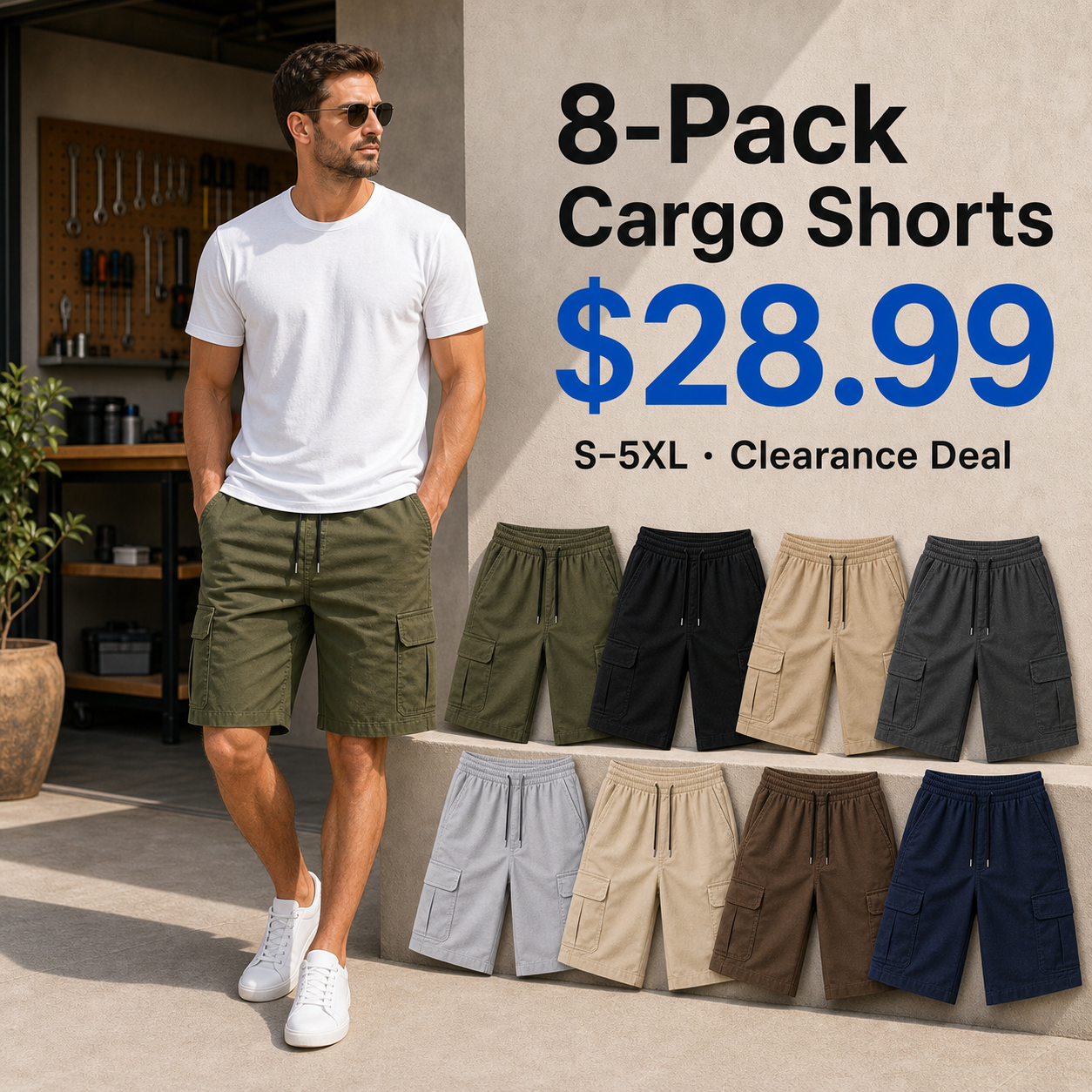 8-Pack Cargo Shorts promo main image with Navy Blue