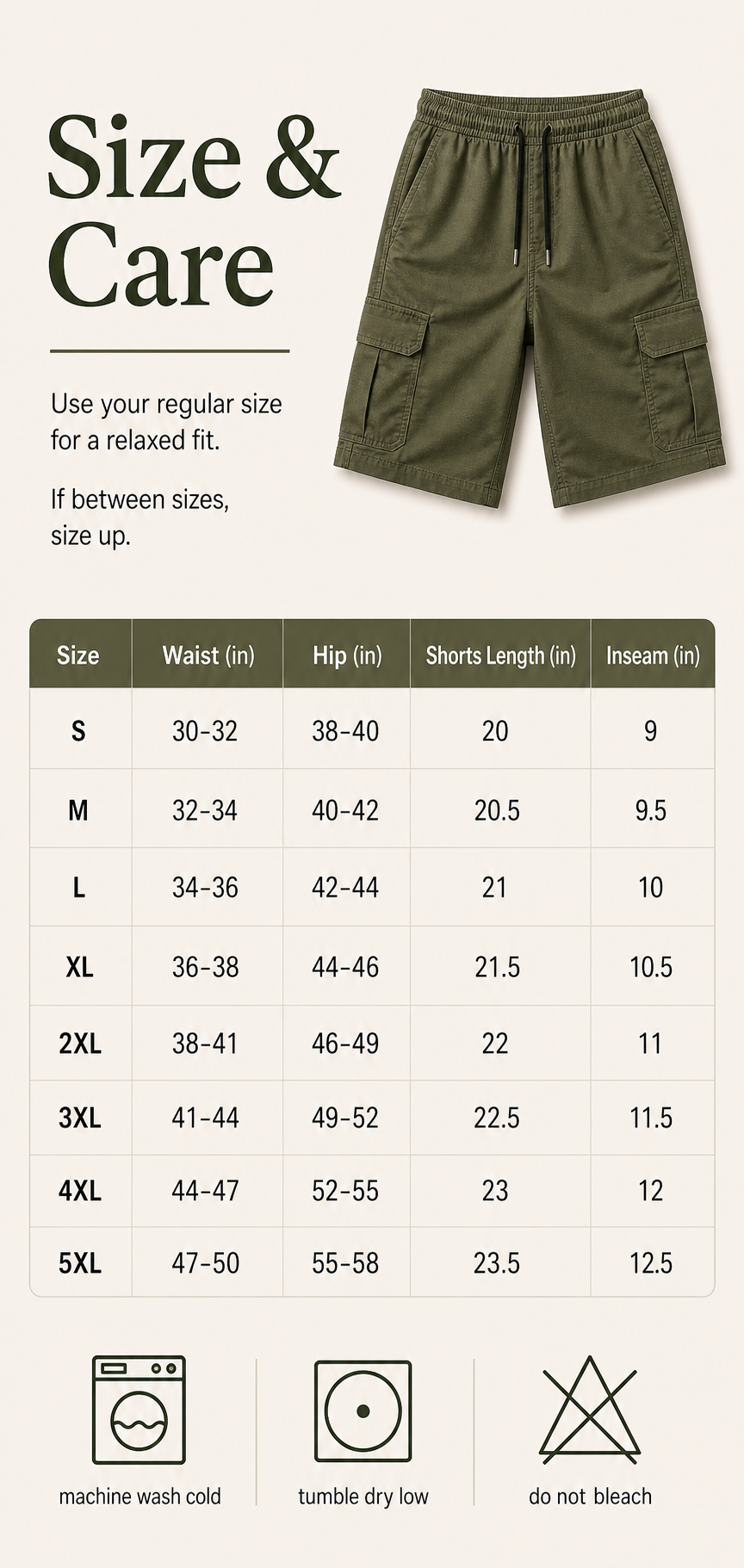 Cargo shorts size and care chart image