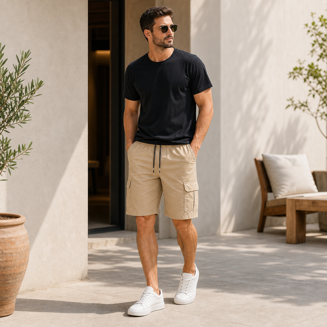 Khaki cargo drawstring shorts model image