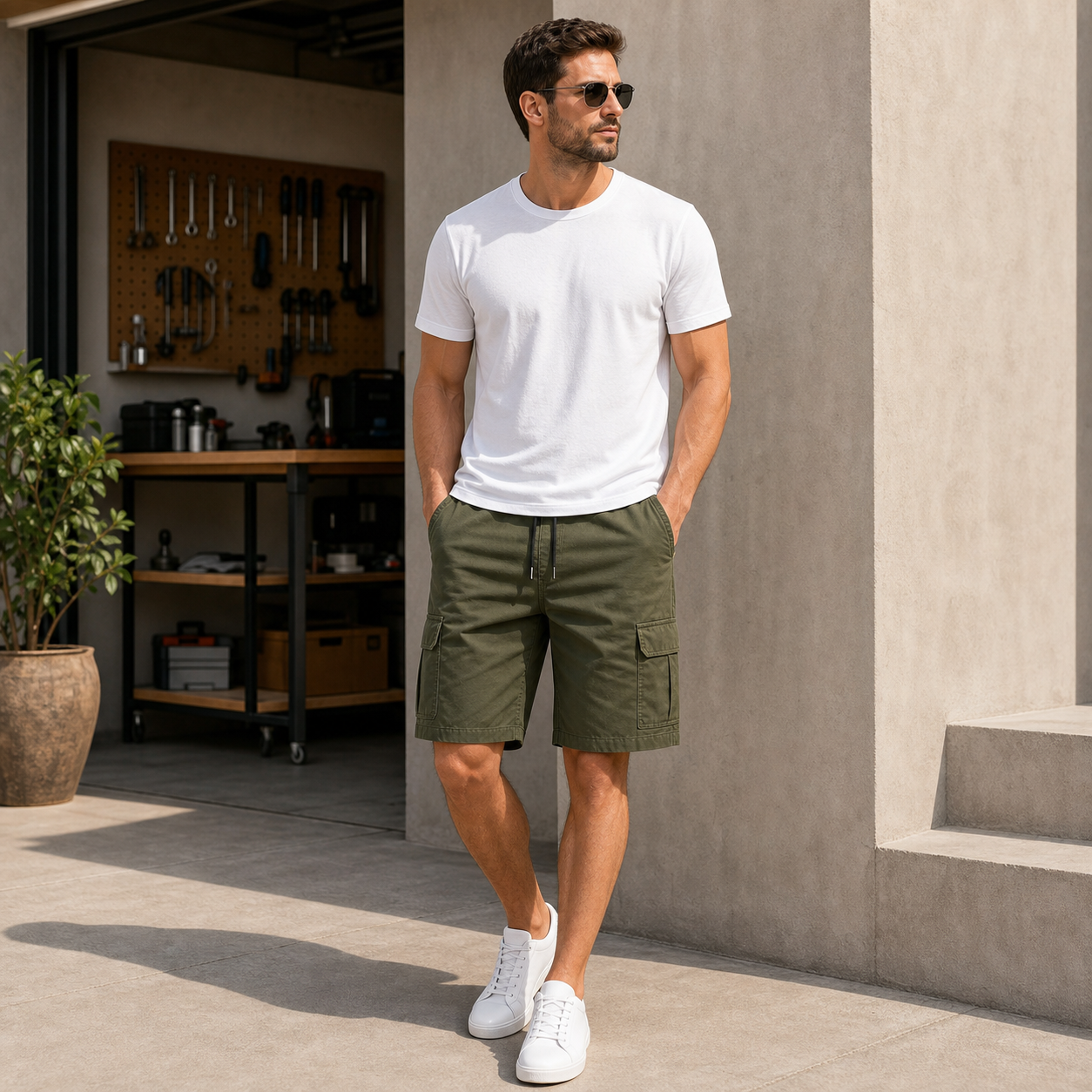 Olive Green cargo drawstring shorts model image