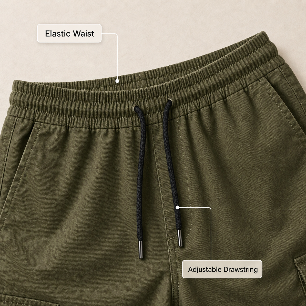 Cargo shorts elastic waistband and drawstring detail image