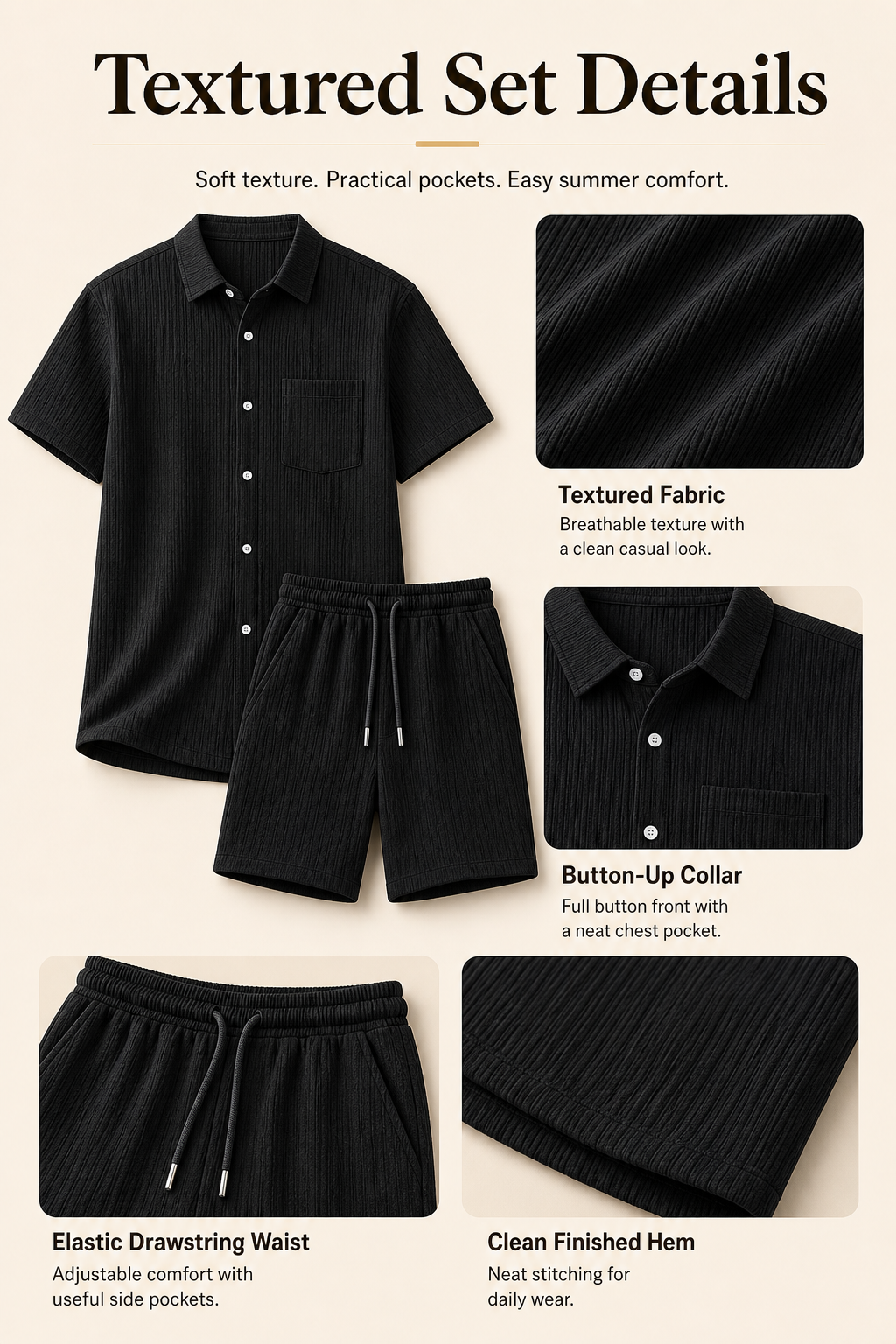Feature highlights for black textured button-up shirt and drawstring shorts set
