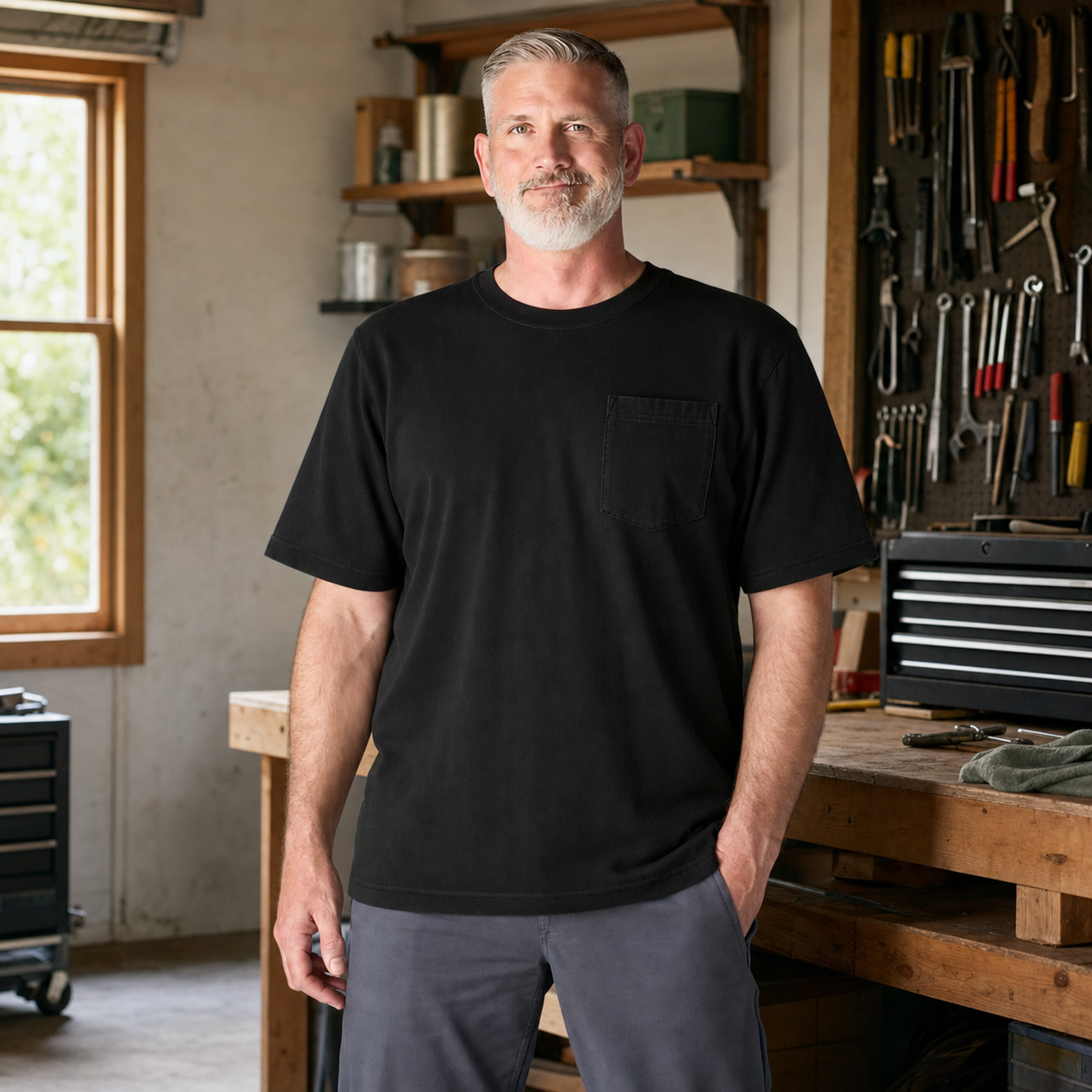 Black heavyweight pocket T-shirt in a workshop