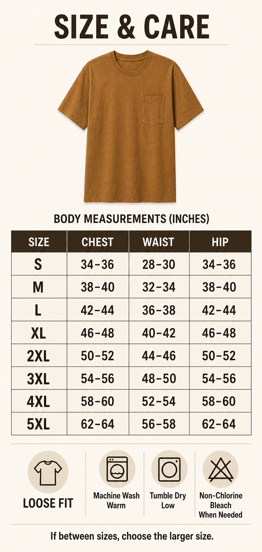 Heavyweight pocket T-shirt S-5XL measurement chart and care guide