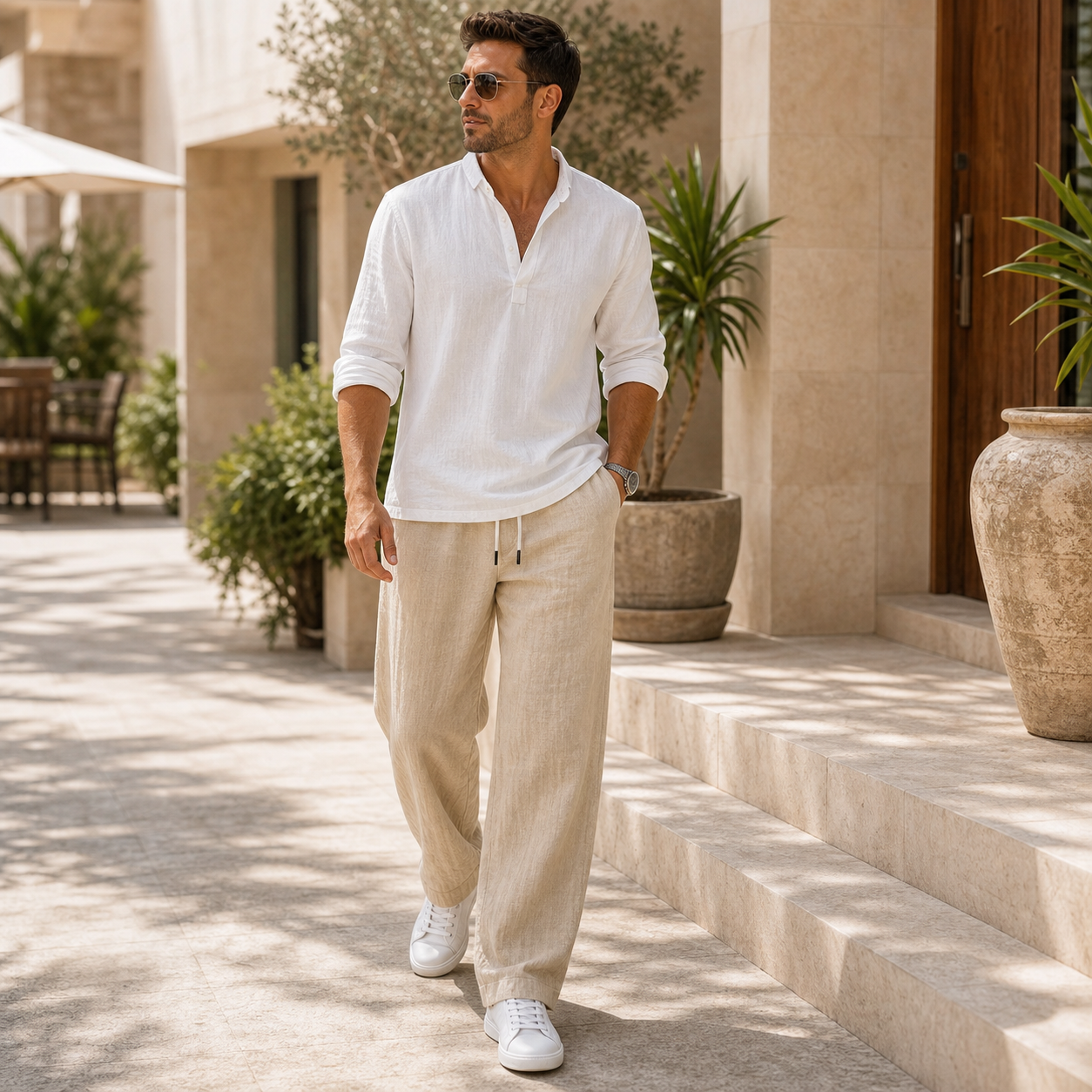 Khaki linen drawstring pants model image
