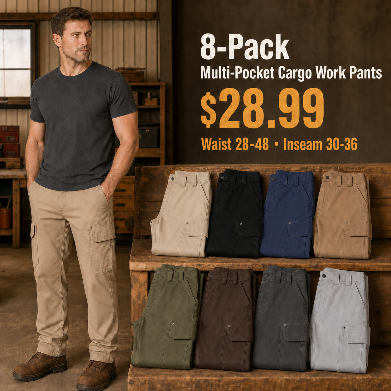 8-Pack cargo work pants in eight colors with waist 28-48 and inseam 30-36