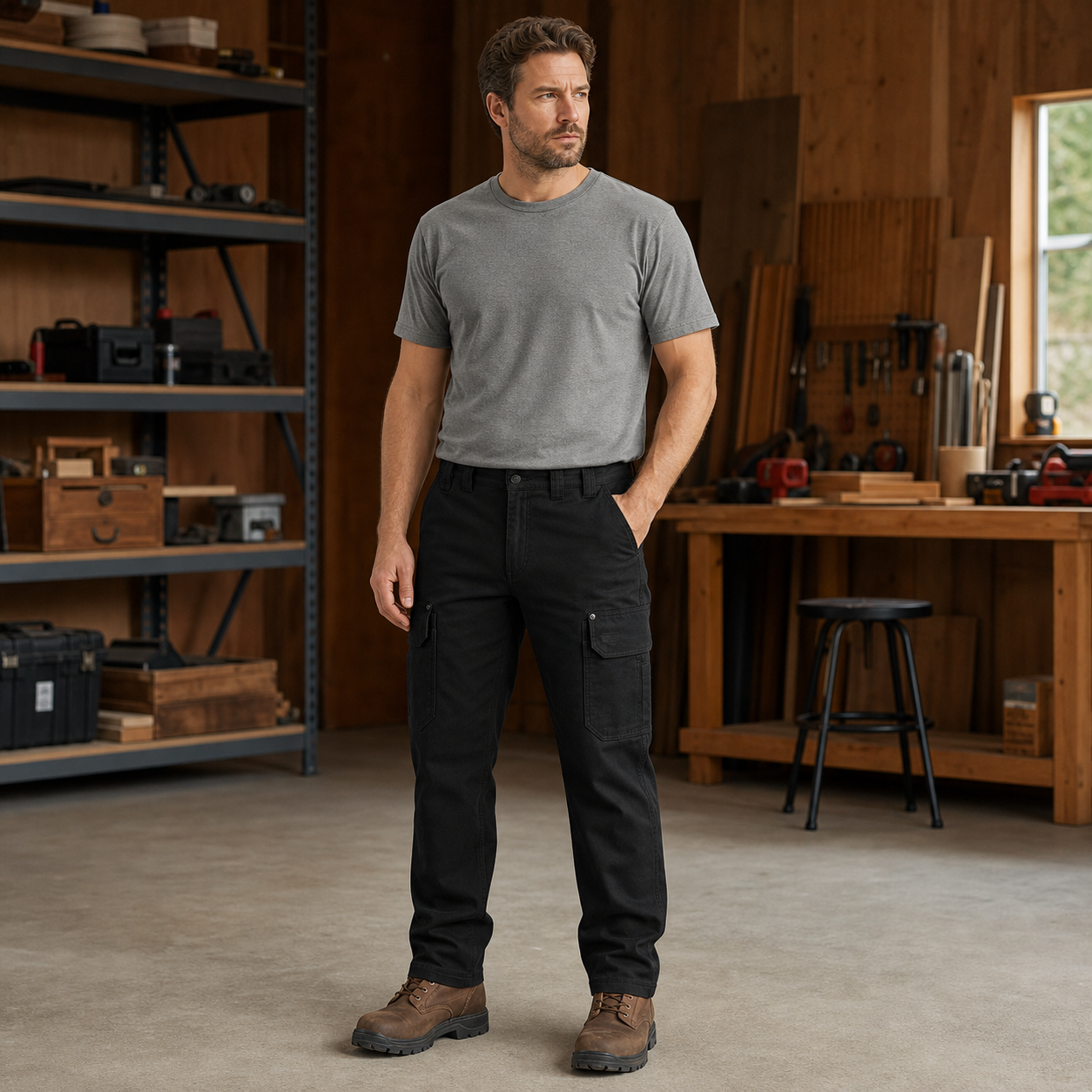 Black multi-pocket cargo work pants model image