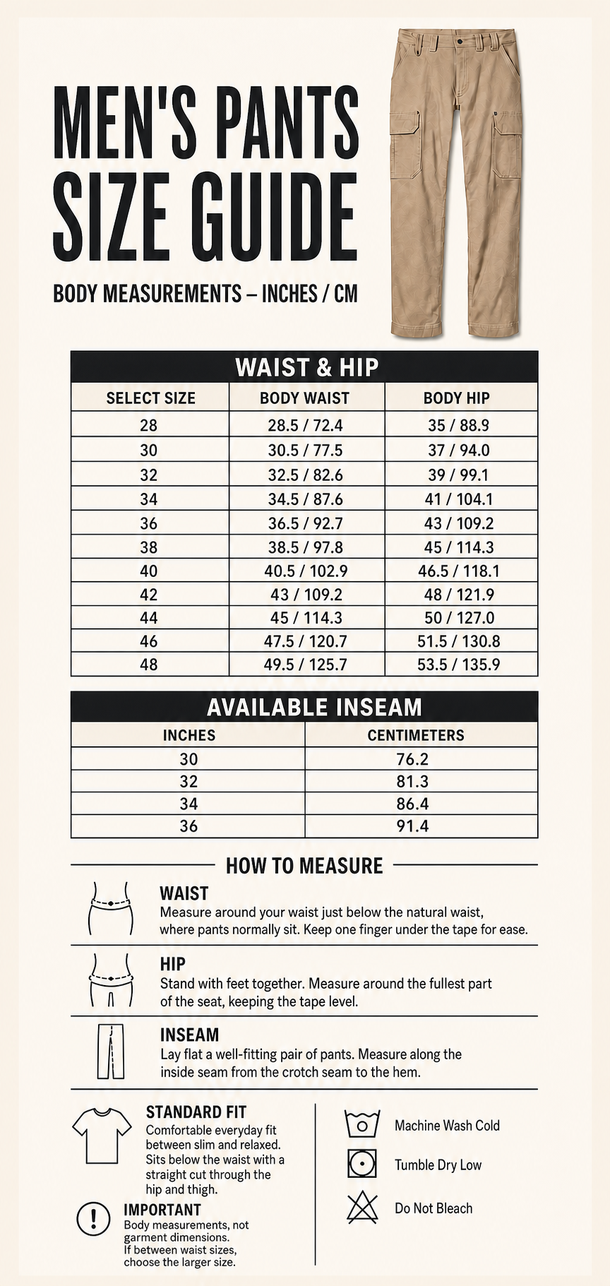 Detailed cargo work pants body waist hip and inseam size guide with measuring instructions