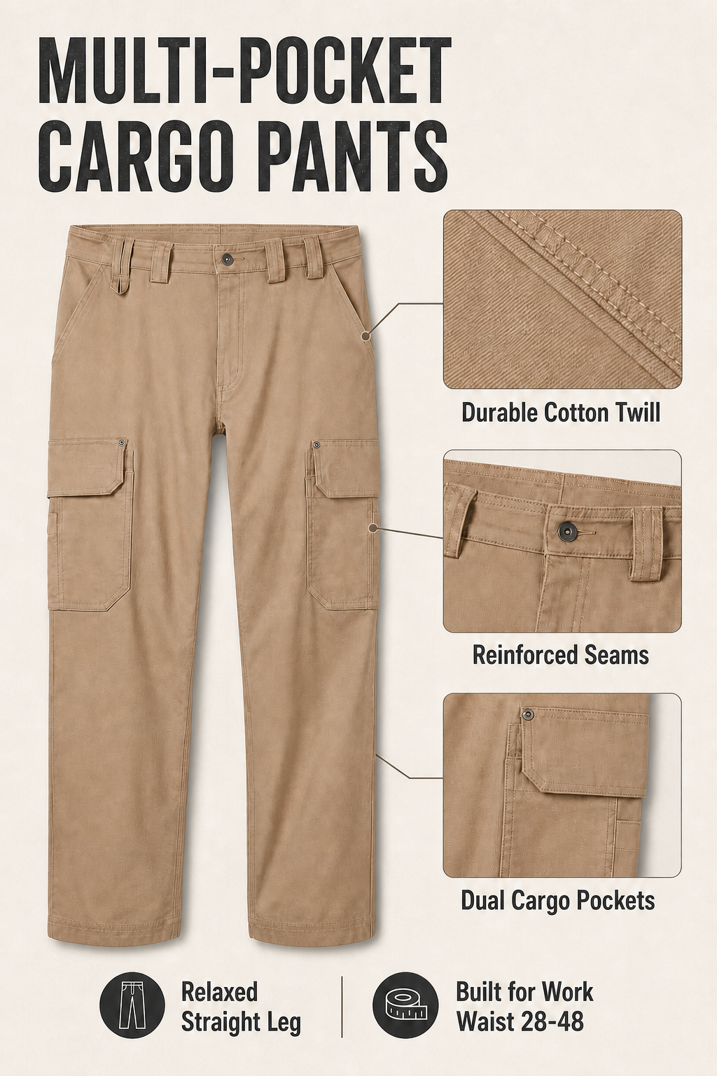 Cargo work pants details with waist sizes 28-48