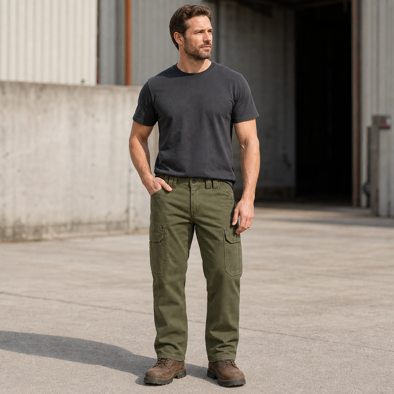 Olive Green multi-pocket cargo work pants model image