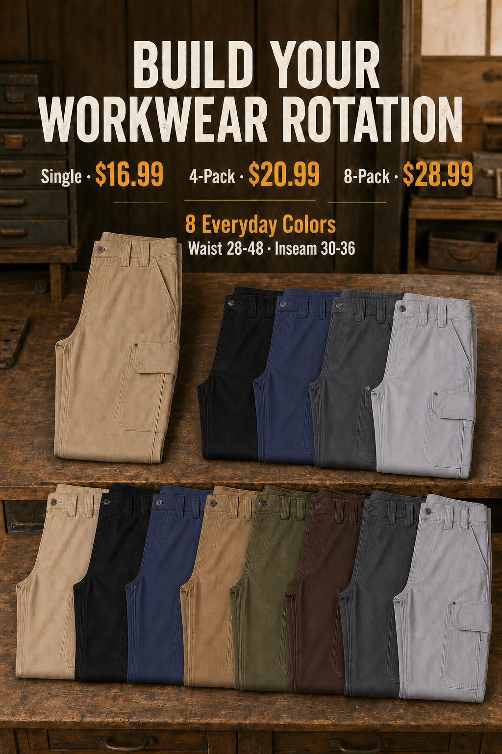 Single, 4-Pack and 8-Pack cargo pants value in eight colors