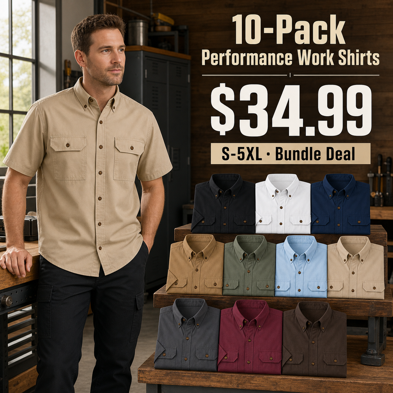 10-Pack men's performance short sleeve work shirt promotion