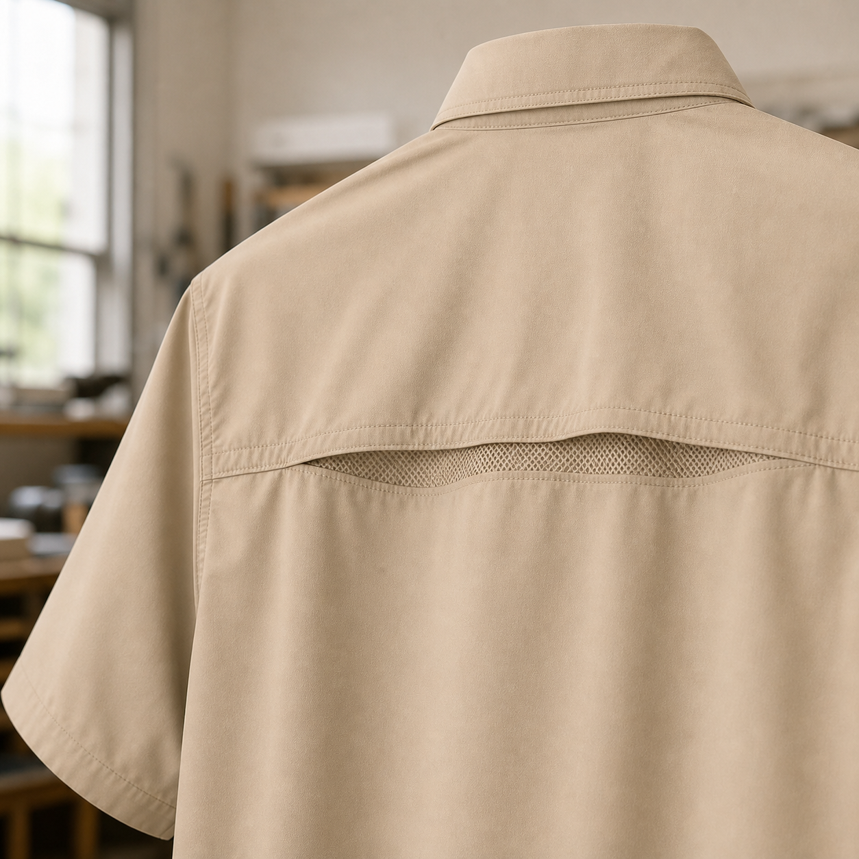Performance fabric and breathable center-back mesh vent detail