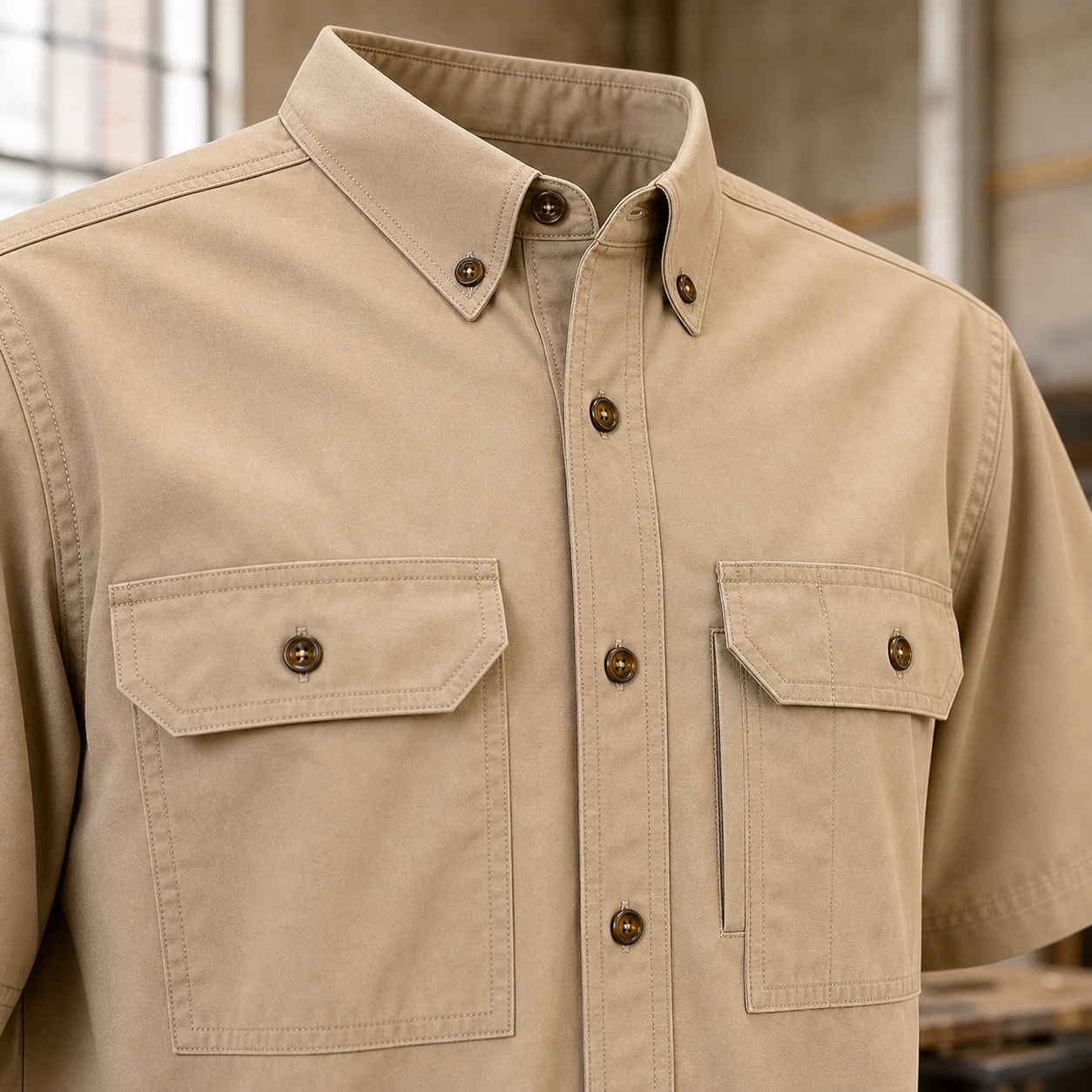 Button-down collar, brown button and chest pocket detail