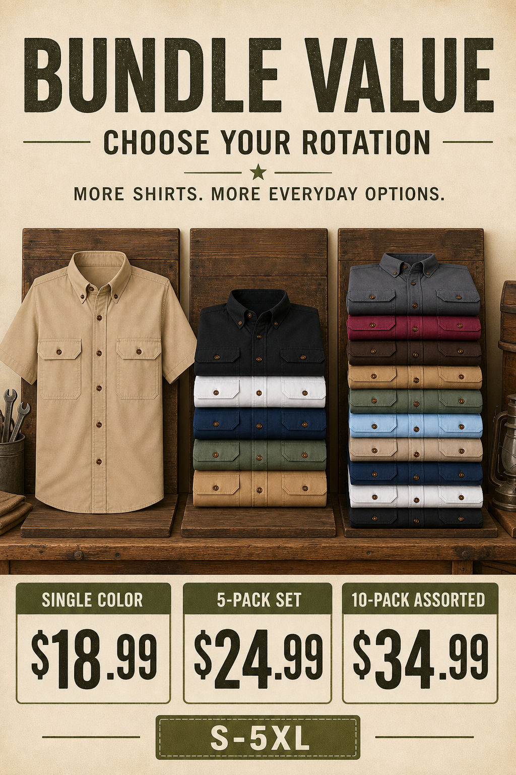 Single, 5-Pack and 10-Pack performance work shirt bundle value