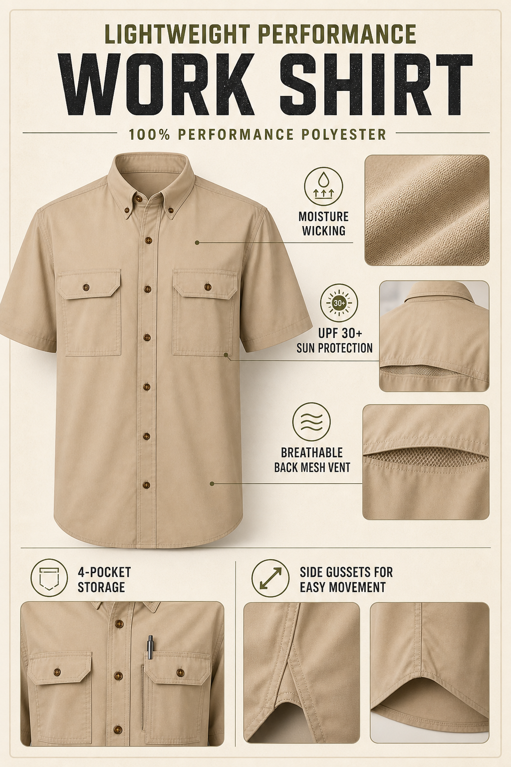Performance work shirt fabric, ventilation, storage and mobility features